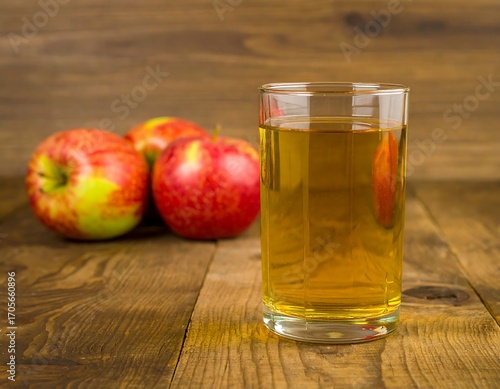 Glass of apple juice on a wooden table with apples