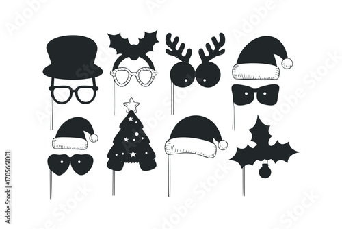 Collection of Christmas photo booth props on transparent background. Vector hand drawn illustration