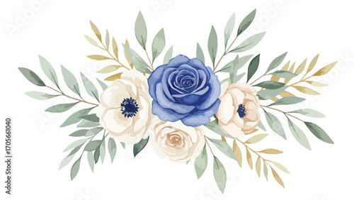Elegant Watercolor Floral Bouquet with Blue Rose and Green Leaves