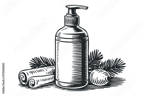 Hand drawn dispenser bottle with pine sprigs and cinnamon sticks on transparent background. Vector hand drawn illustration