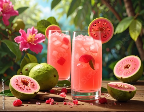 Two refreshing glasses of guava juice, garnished with guava slices, sit on a wooden surface amidst lush greenery and pink blossoms, radiating a vibrant tropical ambiance.