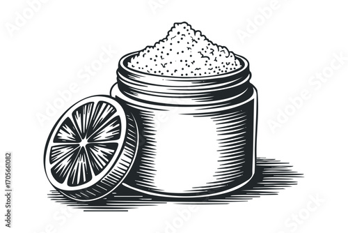 Jar of scrub with lemon slice. Vector hand drawn illustration