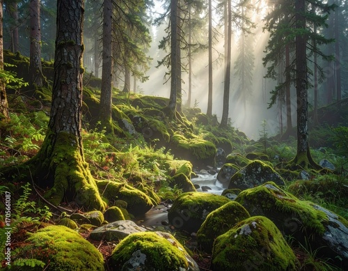 Sunlight streams through a misty forest, illuminating mossy rocks and trees.