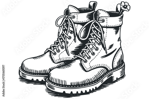 Lace up boots with flower detail. Vector hand drawn illustration