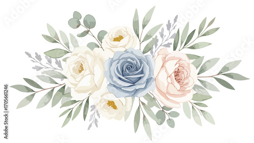 Watercolor floral bouquet with roses and eucalyptus