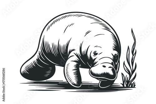 Manatee with aquatic plants on transparent background. Vector hand drawn illustration