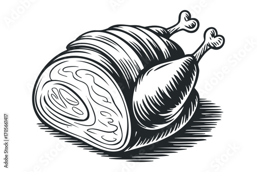 Engraved Whole Roasted Chicken. Vector hand drawn illustration