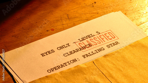 Close-up of a vintage-looking document, likely a classified security clearance, tucked into a tan envelope