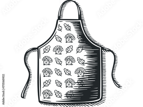Thanksgiving Kitchen Apron with Turkeys and Oak Leaves. Vector hand drawn illustration