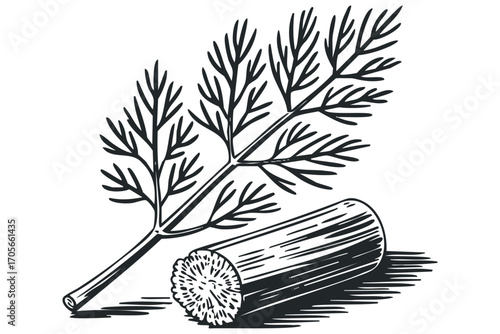 Dill herb sprig and stem cut piece on transparent background. Vector hand drawn illustration