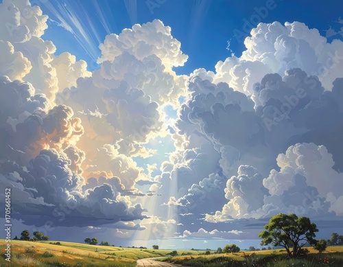 A dramatic landscape painting showcases a sunlit path through a vast field, with towering clouds illuminated by radiant sunlight.