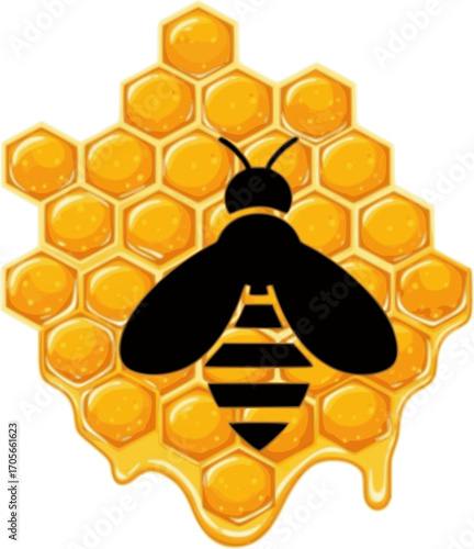 Honeycombs and Bee Vector Illustration – Sweet Honey Dripping from Honeycombs with Simplified Bee Icon on Textured Background, Natural Organic Honey Design Element for Packaging and Branding