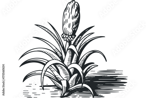 Woodcut Style Engraving of Unbloomed Flower Bud with Lush Greenery. Vector hand drawn illustration