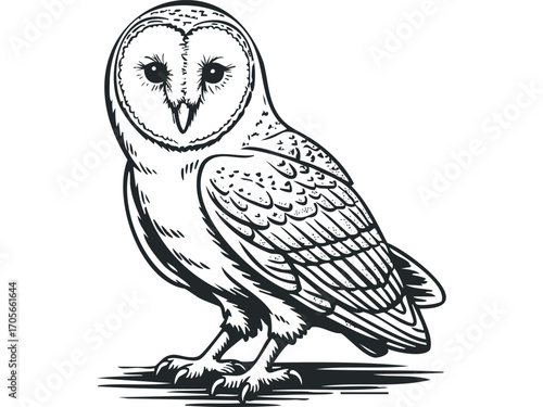 Barn owl bird perched, line art drawing. Vector hand drawn illustration