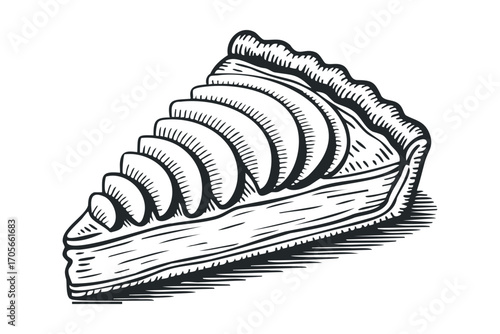 Slice of fruit pie with layered filling and flaky crust on transparent background. Vector hand drawn illustration