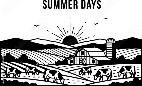 Summer Rural Farm Landscape with Cows – Scenic Sunrise Over Rolling Hills with Farmhouse and Thematic Vintage Label, Pastoral Countryside Vector Illustration for Agriculture and Dairy Design