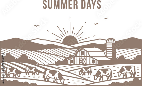Summer Rural Farm Landscape with Cows – Scenic Sunrise Over Rolling Hills with Farmhouse and Thematic Vintage Label, Pastoral Countryside Vector Illustration for Agriculture and Dairy Design