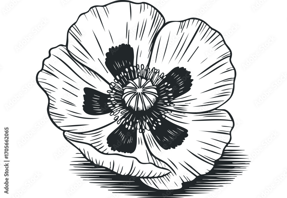 Obraz premium Line art poppy flower isolated on white. Vector hand drawn illustration