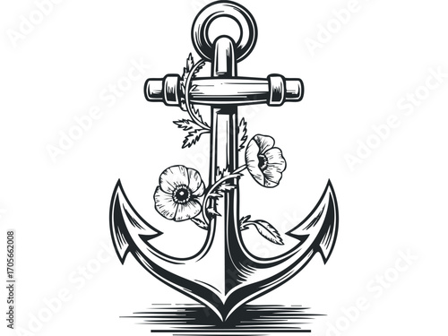 Anchor with poppies and leaves on transparent. Vector hand drawn illustration