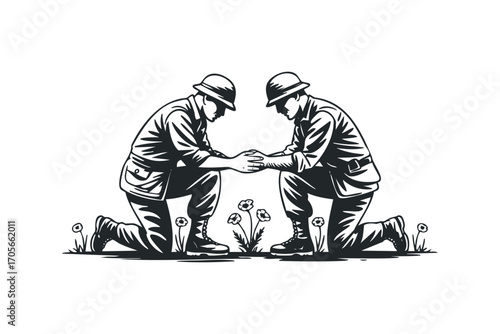 Two soldiers kneeling together, holding hands, with poppies on transparent background. Vector hand drawn illustration
