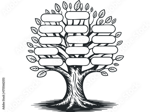 Family Tree Template with Empty Branches and Leaves. Vector hand drawn illustration
