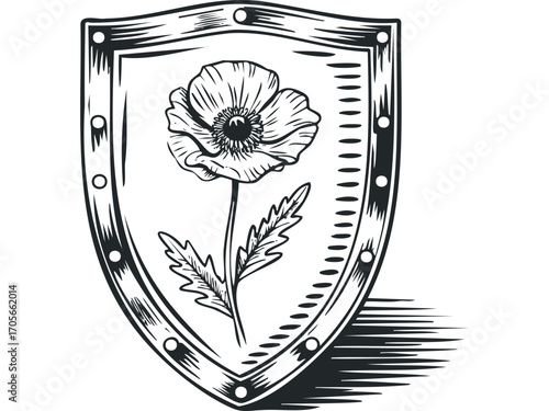 Monochrome Shield Emblem with Poppy Flower. Vector hand drawn illustration