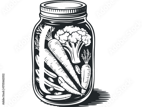 Vintage Mason Jar Filled with Carrots and Broccoli Vegetables. Vector hand drawn illustration