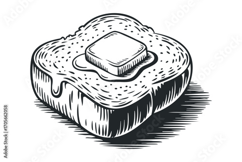 Toasted bread slice with melting butter. Vector hand drawn illustration
