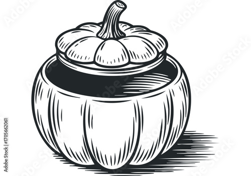 Black and white drawing of an open pumpkin with a lid on a transparent background. Vector hand drawn illustration