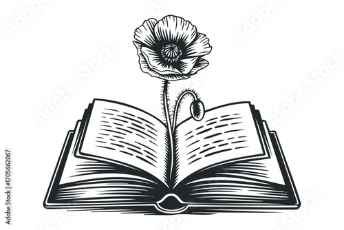Open book with poppy flower growing from pages. Vector hand drawn illustration