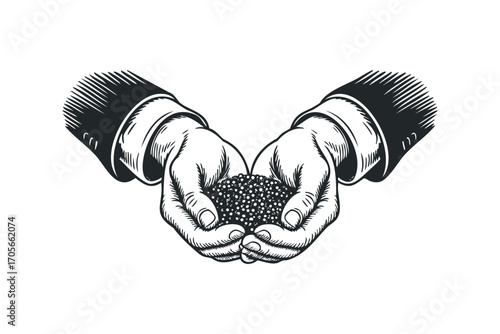 Hands holding abundant caviar,. Vector hand drawn illustration
