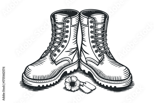 Sketch of military boots with dog tags and a flower. Vector hand drawn illustration