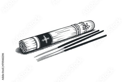 Rolled bamboo mat with chopsticks on white. Vector hand drawn illustration