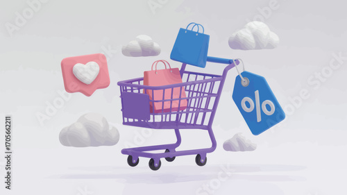 3D Rendered Shopping Cart with Sale Tags and Social Media Icons