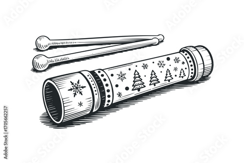 Christmas cracker toy with beaters and festive emblems on transparent background. Vector hand drawn illustration