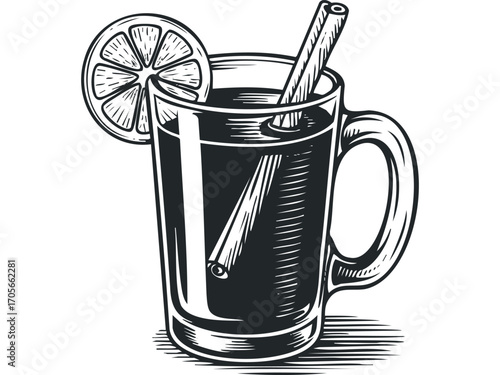 Glass of Mulled Wine with Cinnamon Stick and Orange Slice. Vector hand drawn illustration