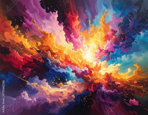 A vibrant explosion of colors, swirling in a dynamic abstract painting, evokes a sense of cosmic energy and boundless creativity.