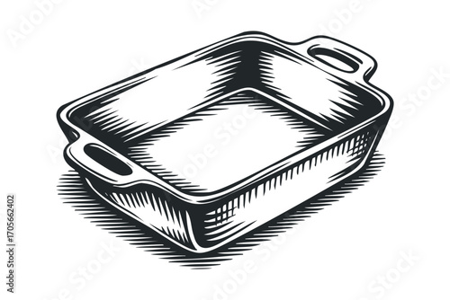 Rectangular baking dish with handles on transparent background. Vector hand drawn illustration