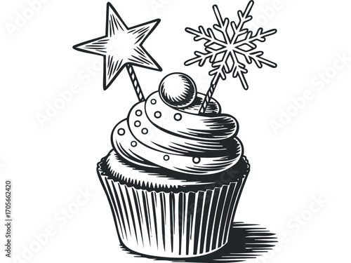 Black and white cupcake with star and snowflake toppers on transparent background. Vector hand drawn illustration