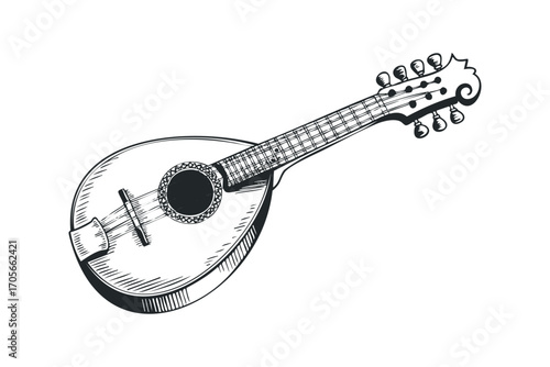 Hand drawn musical instrument mandolin sketch on transparent background. Vector hand drawn illustration