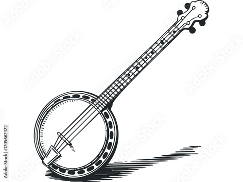 Vintage banjo musical instrument with shadow. Vector hand drawn illustration