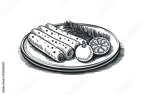 Pancake roll, ornament, lemon slice, and pine sprig on plate. Vector hand drawn illustration