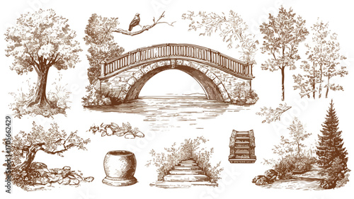 Vintage Engraved Illustration Set of Stone Arch Buildings