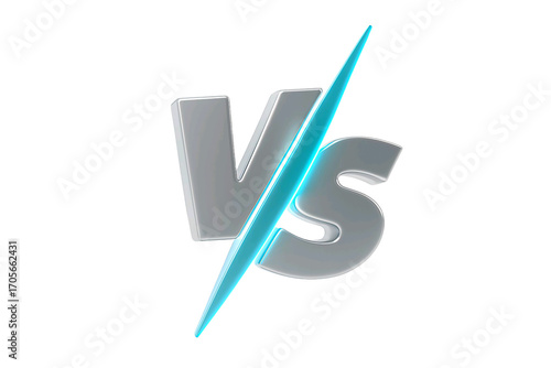 A 3d rendered metallic vs symbol with a glowing blue lightning bolt cutting through it isolated on white background