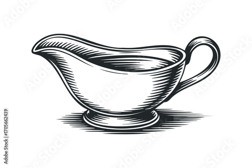 Gravy boat liquid filled kitchenware monochrome graphic. Vector hand drawn illustration