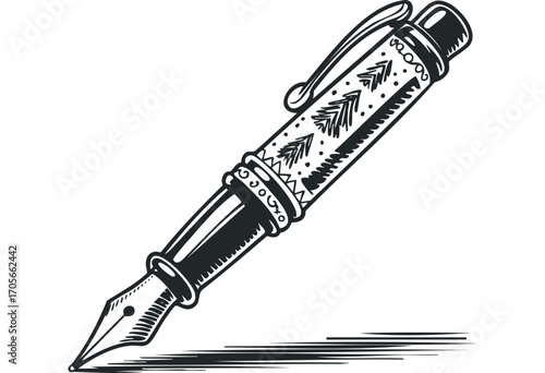 Fountain pen with ornamental grip and etched patterns. Vector hand drawn illustration