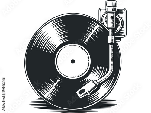 Vintage record player with vinyl disc. Vector hand drawn illustration