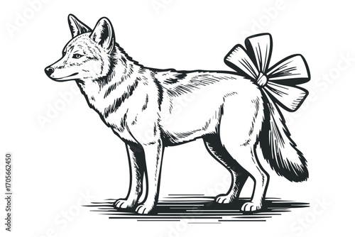Lone coyote animal with festive bow attached to tail, isolated on white. Vector hand drawn illustration