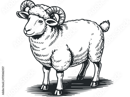 Ram sheep with large curved horns standing against a white backdrop. Vector hand drawn illustration