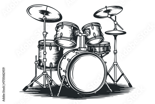 Drum set on transparent background graphic. Vector hand drawn illustration